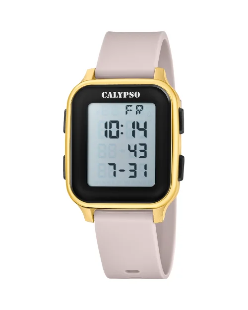 Calypso K6077/1 Digitaluhr in Gold und Beige, Unisex, mit Kautschukarmband